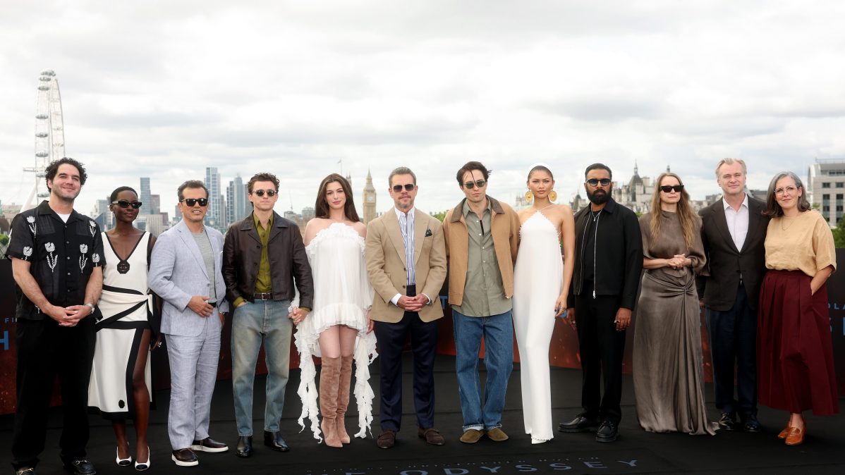 (L-R) Benny Safdie, Lupita Nyong'o, John Leguizamo, Tom Holland, Anne Hathaway, Matt Damon, Robert Pattinson, Zendaya, Himesh Patel, Samantha Morton, Christopher Nolan and Emma Thomas attend "The Odyssey" Photocall at the IET Building: Savoy Place on July 05, 2026 in London, England.