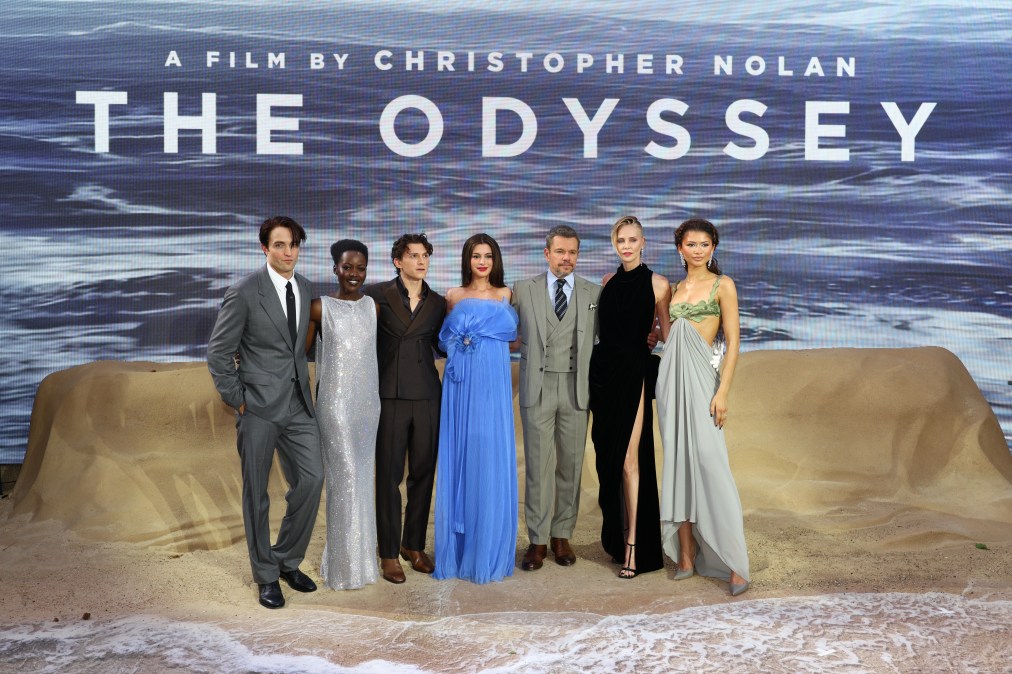 The cast of "The Odyssey" at the movie's London premiere.