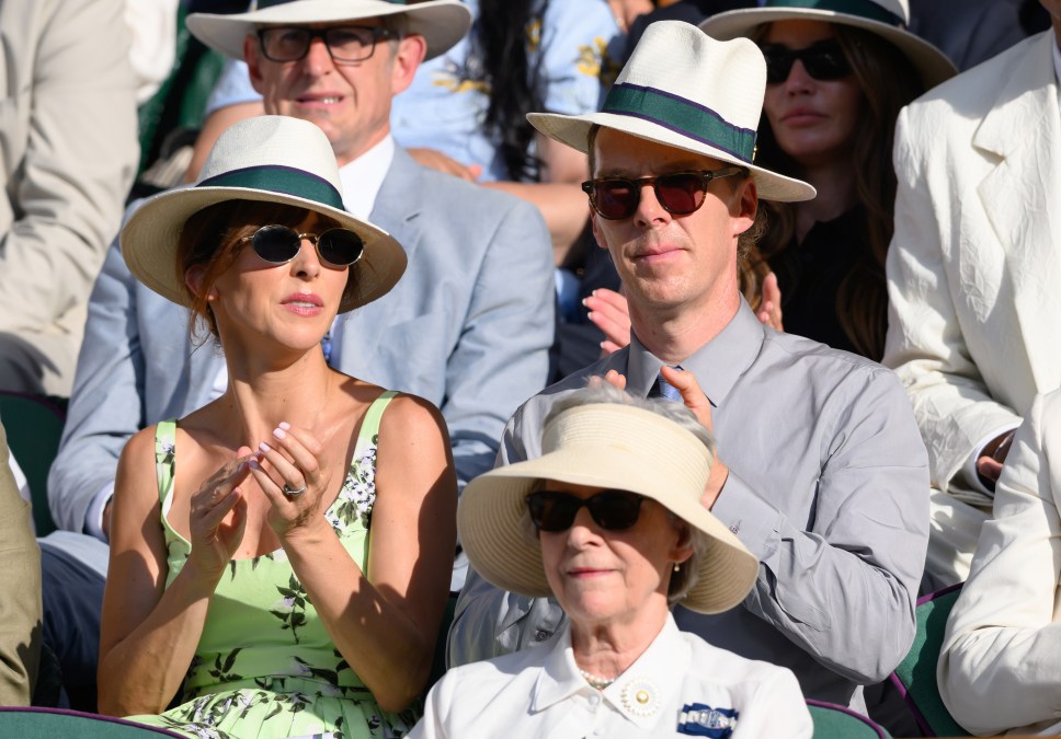 Sophie Hunter, Benedict Cumberbatch and Birgitte, Duchess of Gloucester during day twelve of the 2026 Wimbledon Tennis Championships