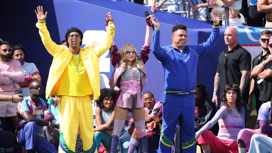 Ronaldinho, Madonna, and Ronaldo perform during the Topps Final Halftime Show in the FIFA World Cup 2026 Final match between Spain and Argentina at New York New Jersey Stadium.
