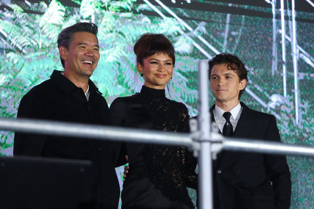 Director Destin Daniel Cretto, Zendaya, and Tom Holland promoting "Spider-Man: Brand New Day."