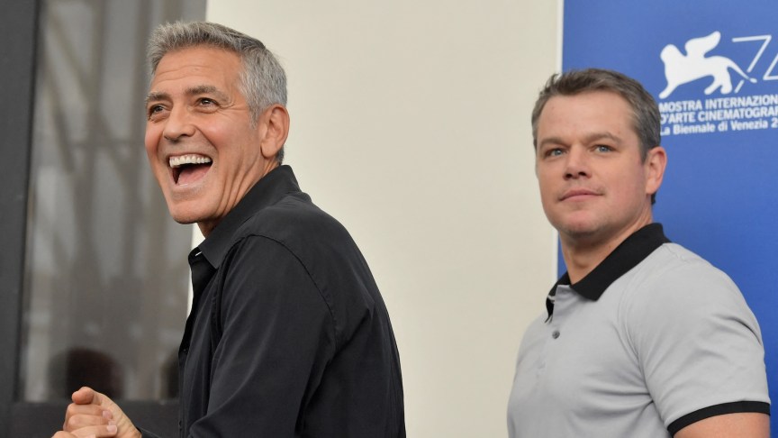 Laughing George Clooney with Matt Damon.