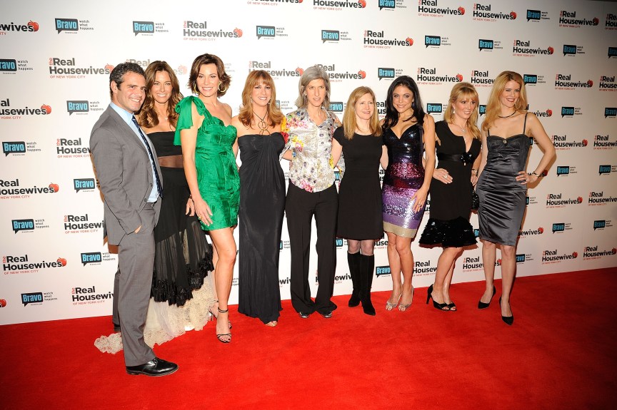 Andy Cohen, reality T.V. stars Kelly Killoren Bensimon, LuAnn de Lesseps, Jill Zarin, President, Women and Lifestyle Networks, NBC Universal, Lauren Zalaznick, general manager, Bravo, Frances Berwick, and reality T.V. stars Bethenny Frankel, Ramona Singer, and Alex McCord, attend "The Real Housewives of New York City" season 2 premiere party