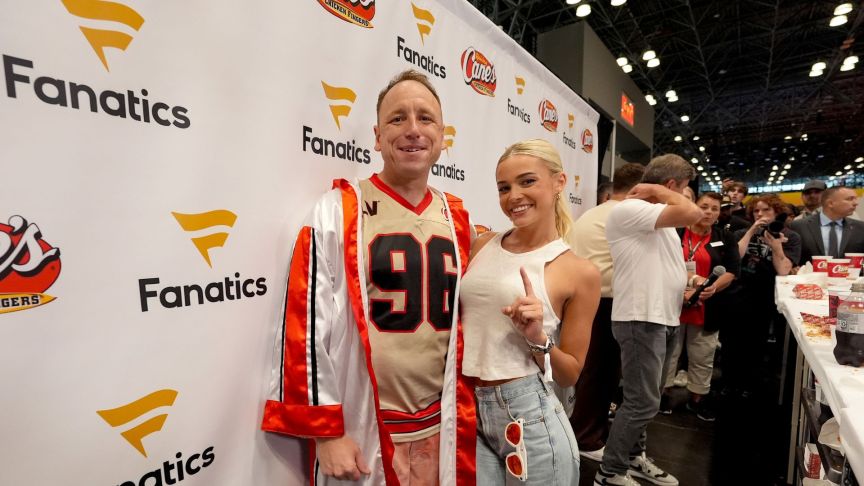 Joey Chestnut and Livvy Dunne attend Fanatics Fest NYC 2025 at Javits Center on June 20, 2025 in New York City