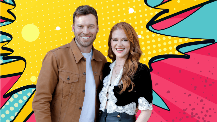 Peter Mooney and Sarah Drew smile in brown jacket and black jacket