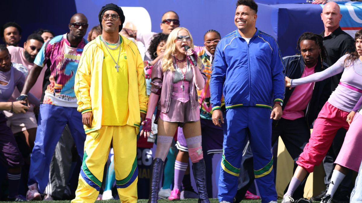 Ronaldinho, Madonna and Ronaldo perform during the Topps Final Halftime Show in the FIFA World Cup 2026 Final match between Spain and Argentina at New York New Jersey Stadium.
