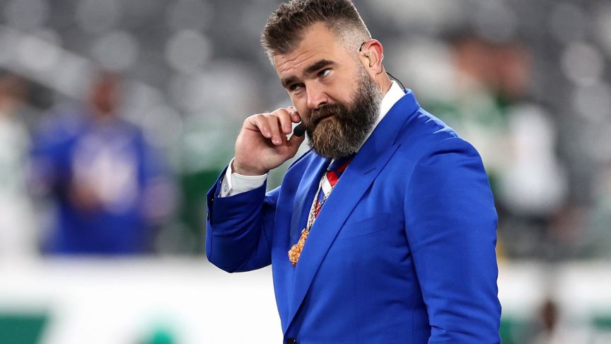 Jason Kelce looks on before the game between the New York Jets and the Buffalo Bills at MetLife Stadium.