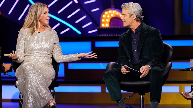 Vicki Gunvalson and Andy Cohen speak onstage during a BravoCon panel discussion.