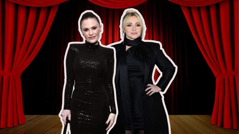 Anna Paquin and Hayden Panettiere dressed in black is on top of a stage background.