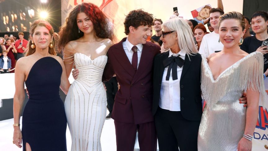 Marisa Tomei, Zendaya, Tom Holland, Producer Amy Pascal and Florence Pugh attend the Spider-Man: Brand New Day UK premiere in Odeon Luxe Leicester Square on Wednesday 29th July 2026 in London, England.