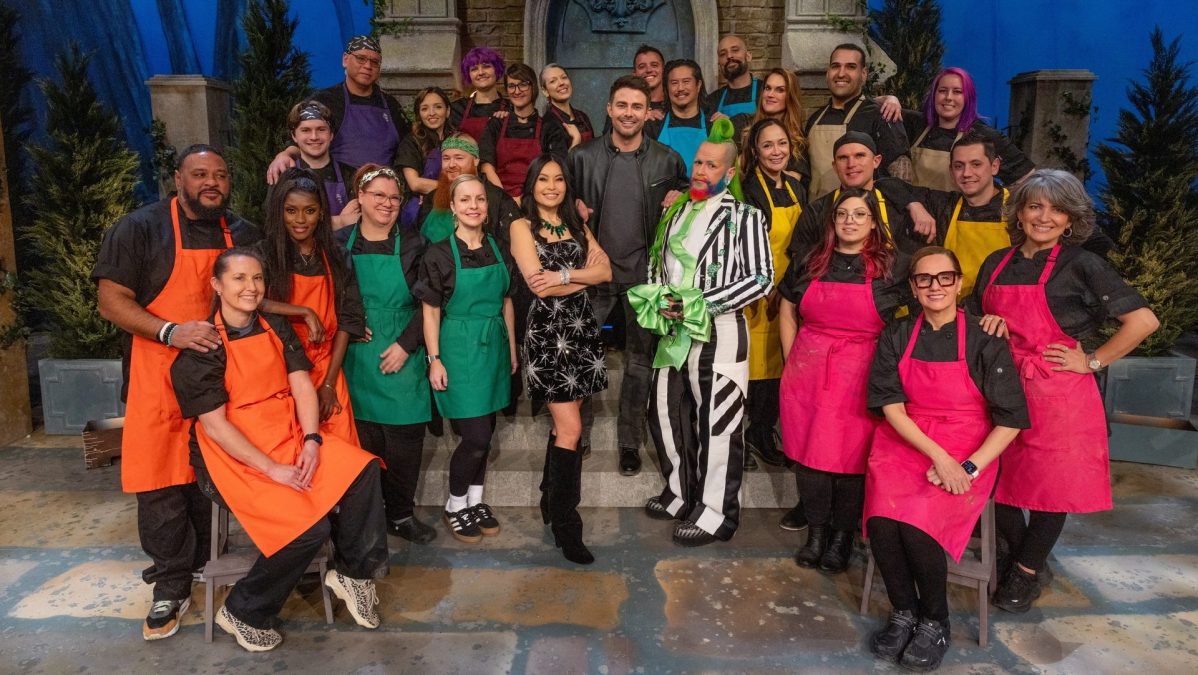 Halloween Wars Season 16 host Jonathan Bennett, judges Shinmin Li and Andrew Fuller, and Cast of Baking Competitors